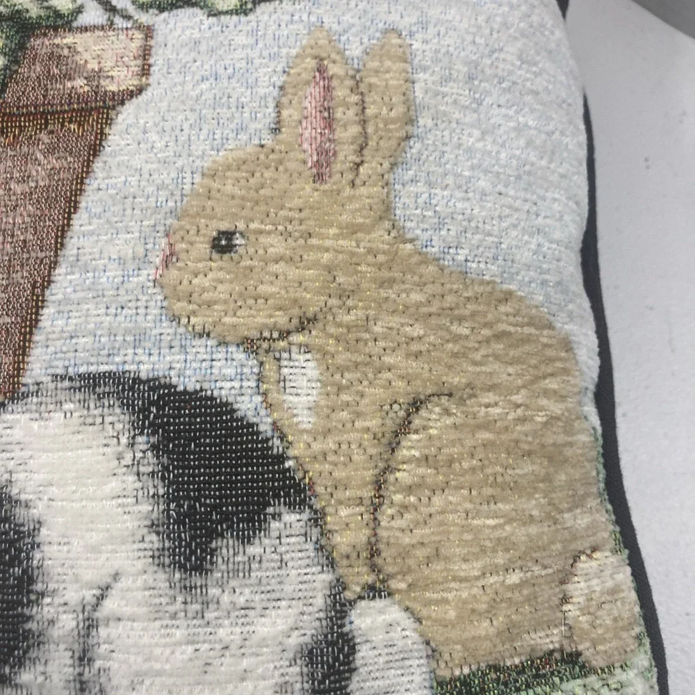 Vtg Kohl's‎ Chenille Easter Tapestry Throw Pillow Bunny Rabbits & Squirrel 16
